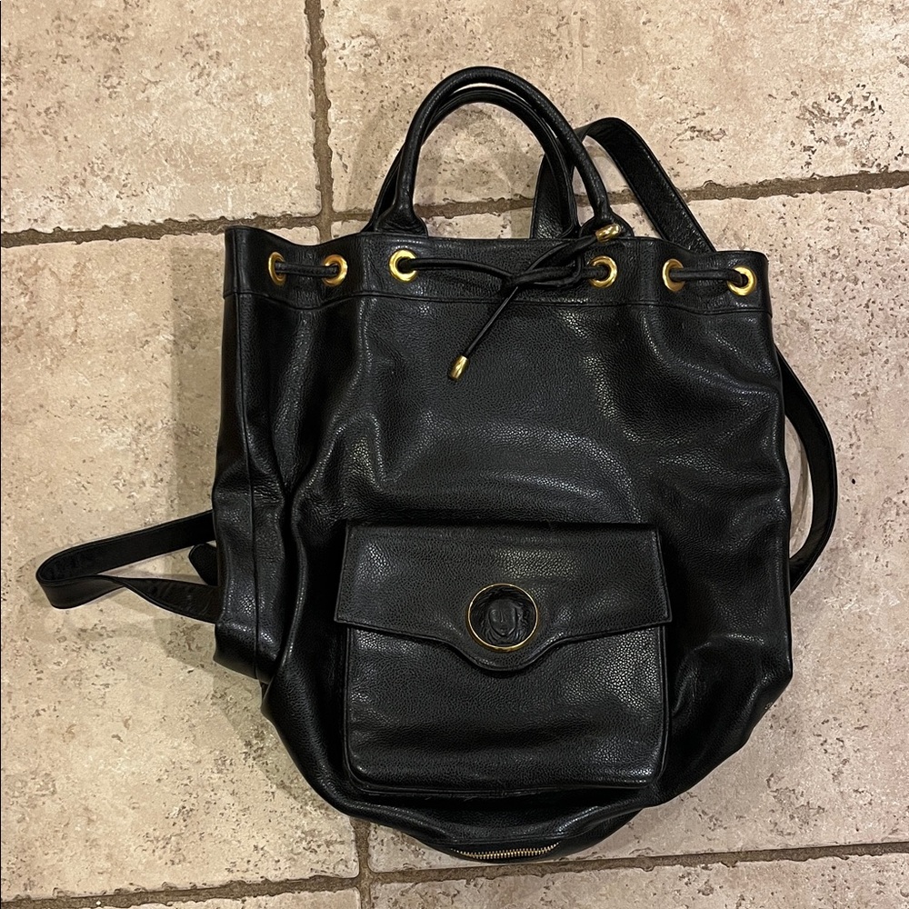 Versace Black Leather Drawstring Backpack with Gold Hardware